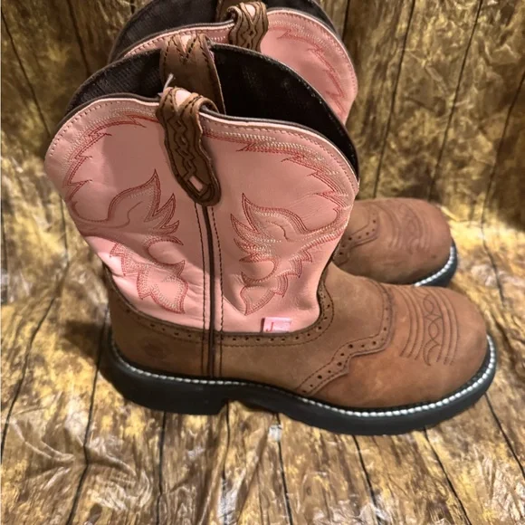 Justin Gypsy Brown and Pink Leather Western Boots Size 10B - Picture 2 of 7
